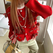 Plaid-Bow Button-Front Cardigan