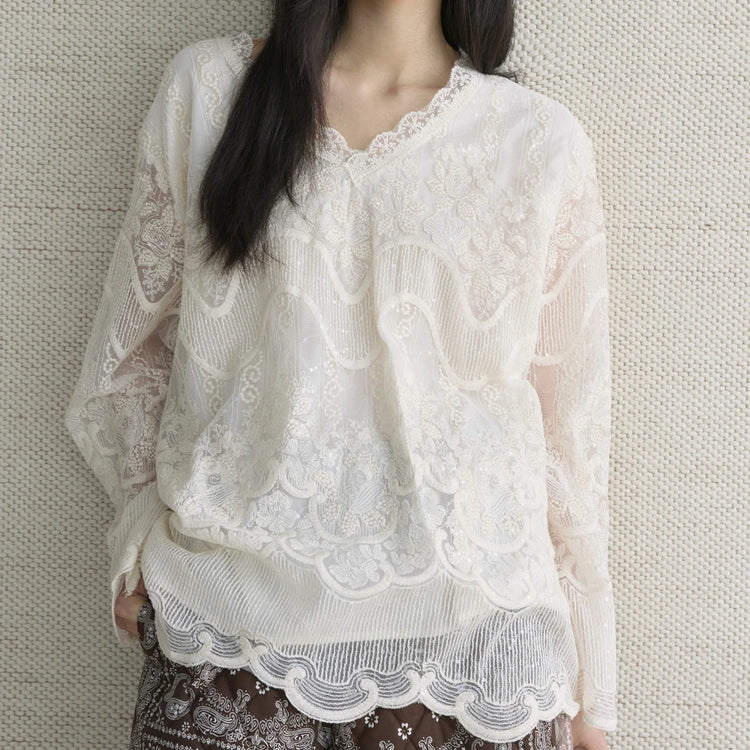 Scalloped Lace V-Neck Blouse