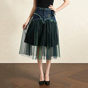 Sheer-Overlay Contrast-Panel Skirt