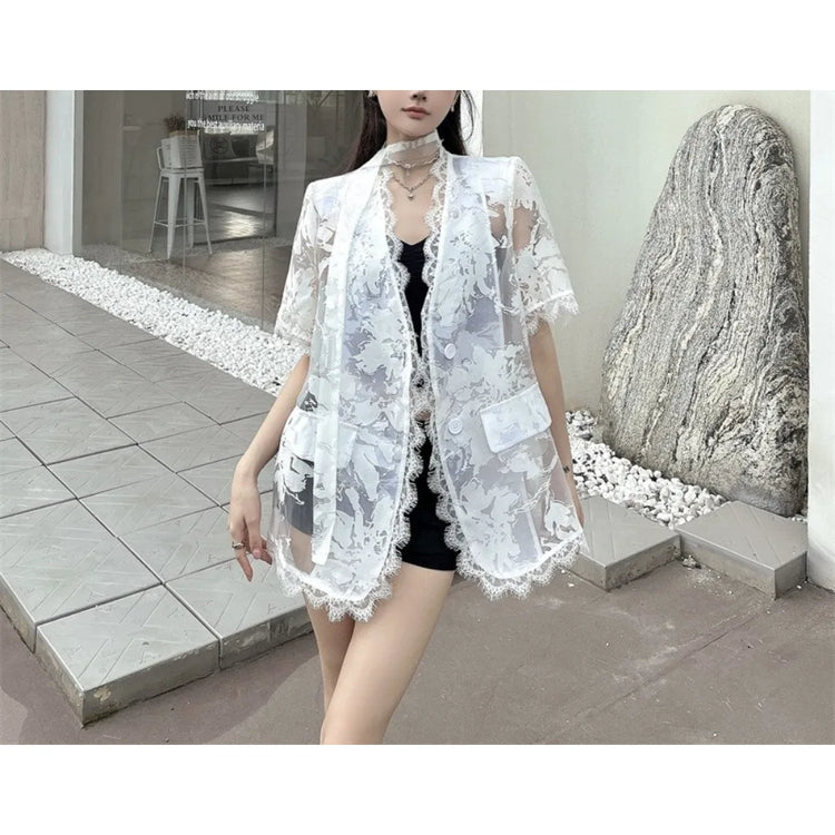 Sheer Lace Short-Sleeve Blazer