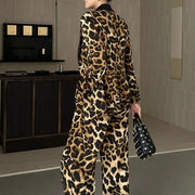 TWOTWINSTYLE Leopard Spliced Pocket Two Piece Set Female Lapel Long Sleeve Jacket American Retro Women's Trousers Set Autumn New