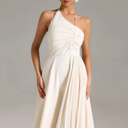 Asymmetric-Neck Gathered Dress