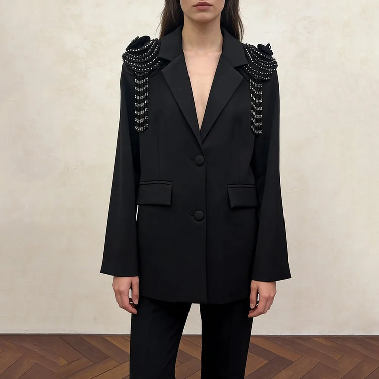 Embellished-Shoulder Longline Blazer