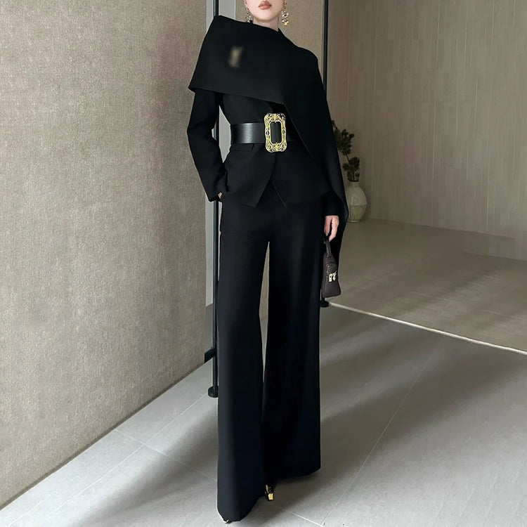 Cape-Collar Jacket and Pants Set