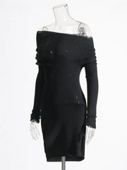 Asymmetric-Neck Long-Sleeve Mini Dress