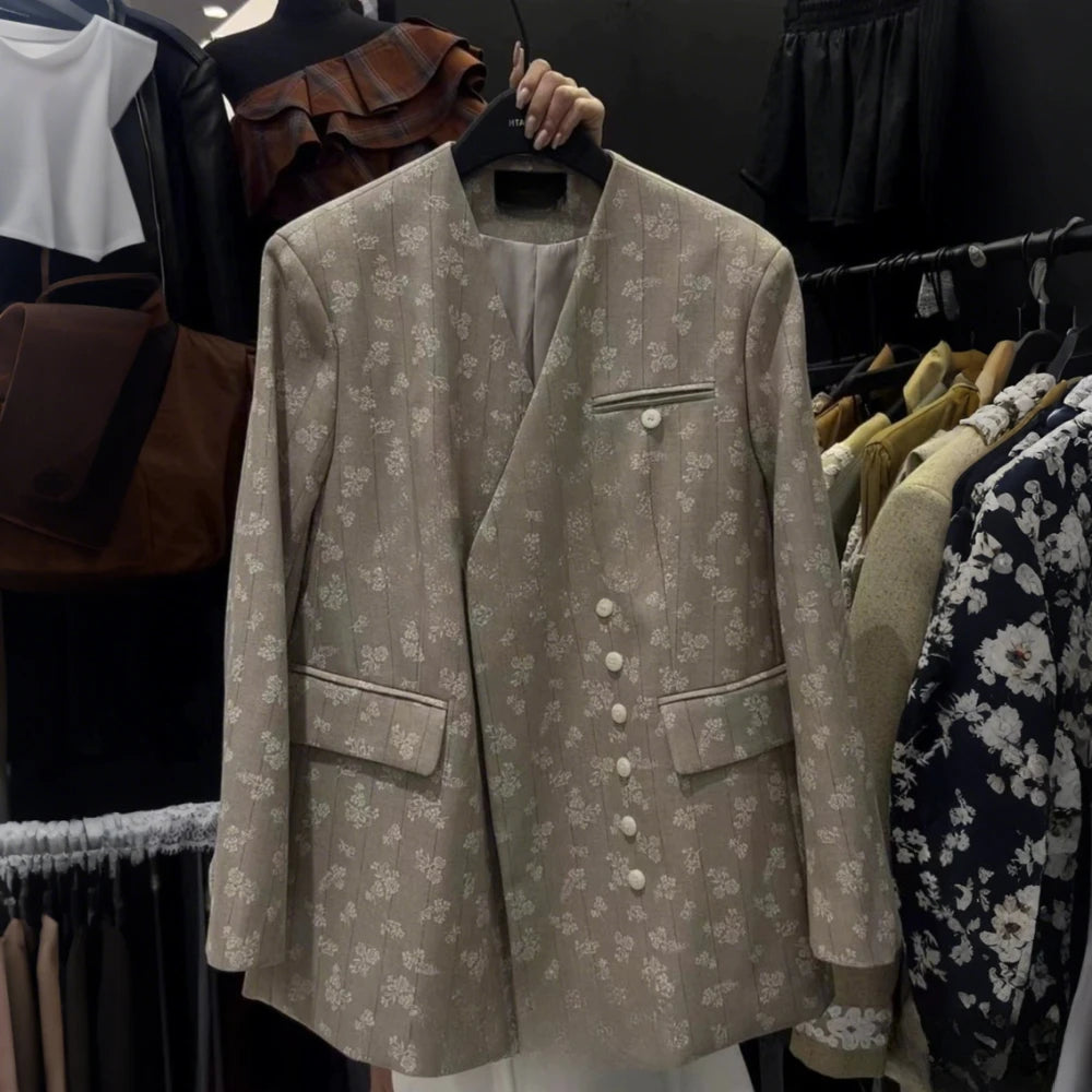 Floral-Pattern Collarless Blazer