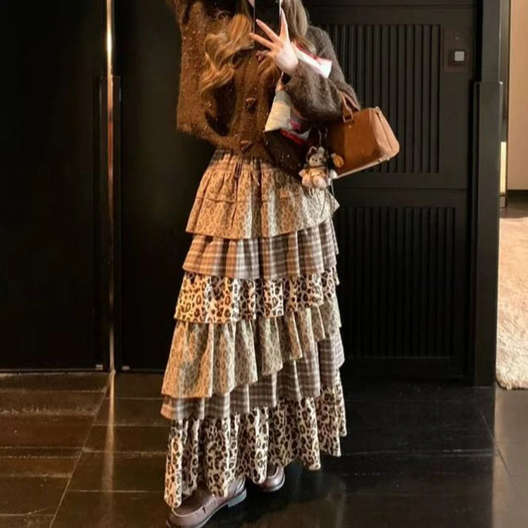 Mixed-Print Tiered Long Skirt