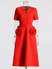 Rosette-Detail Short-Sleeve Dress