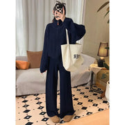 TWOTWINSTYLE Beige Spliced Zipper Two Piece Set Female Turtleneck Long Sleeve Coat Basics Women's Trousers Sets Clothing Style