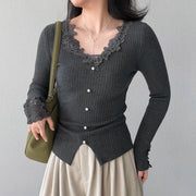 Lace-Trim Ribbed Button Cardigan
