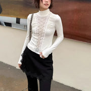 Lace-Up Sheer-Panel High-Neck Top