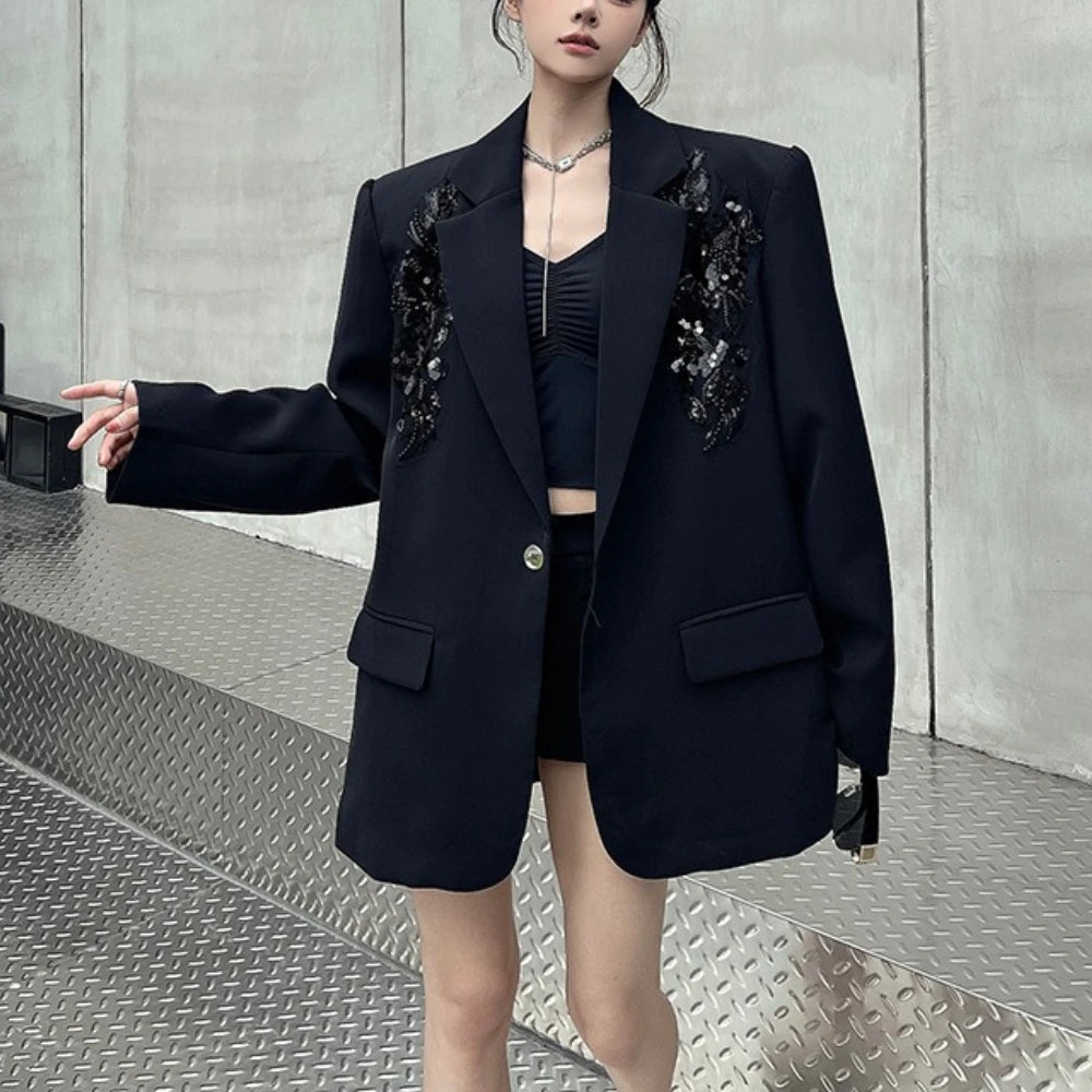 Embellished-Shoulder Single-Button Blazer